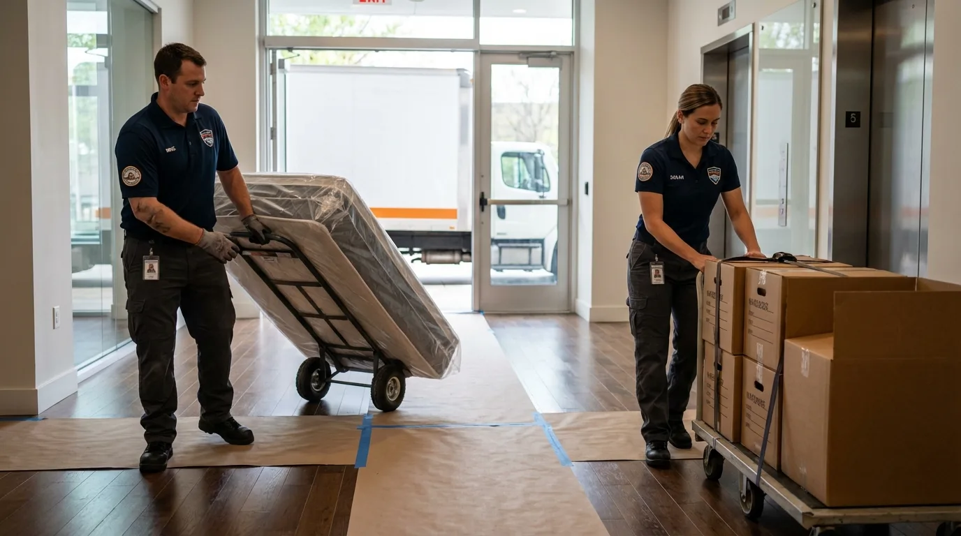 Professional apartment movers loading elevator in Youngtown, AZ
