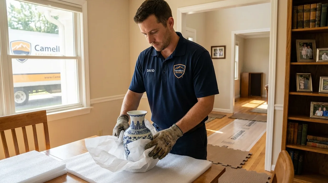 Professional crew carefully wrapping antique vase for senior downsizing move in Youngtown, AZ
